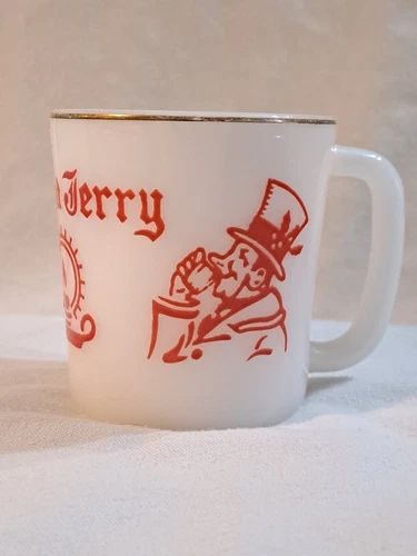Vtg Milk Glass Christmas Mug w/Tom & Jerry Gold Trim on Rim maybe Atlas Glass(B5