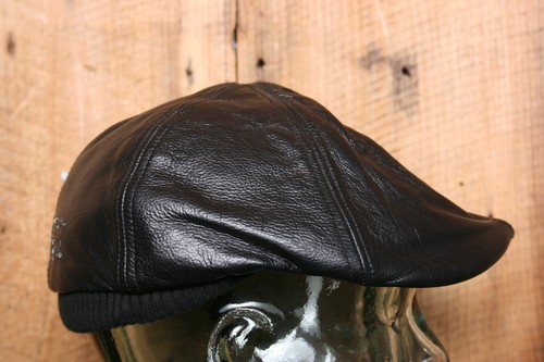HARLEY DAVIDSON Black Leather Newsboy Hat Cabbie Cap Sz. M (Fits ≈ 7) - Picture 2 of 8