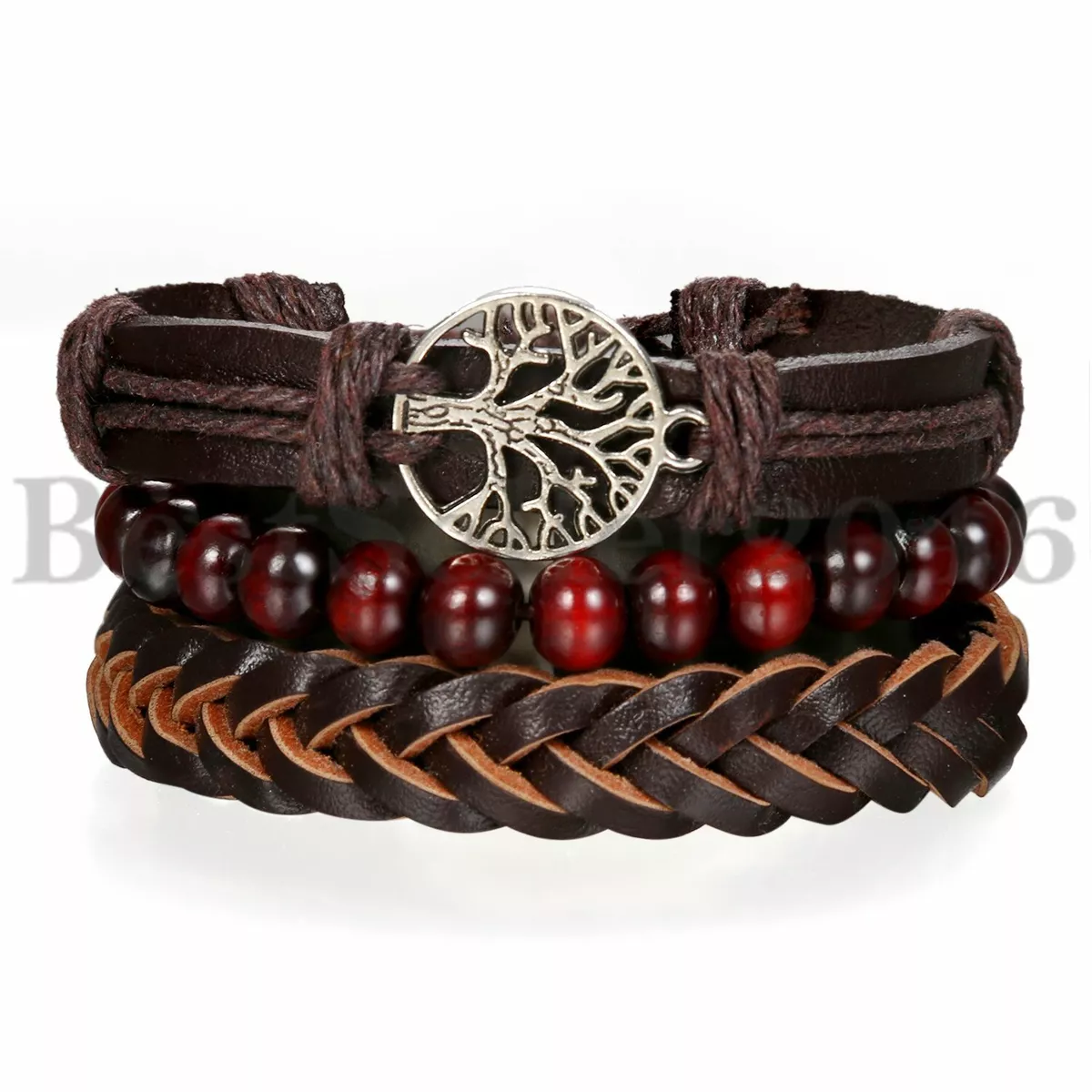 3pcs Tree of Life Faux Leather Braided Tribal Bracelet Men Women Wristband Set