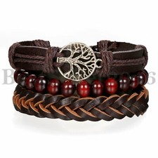 3pcs Tree of Life Faux Leather Braided Tribal Bracelet Men Women Wristband Set