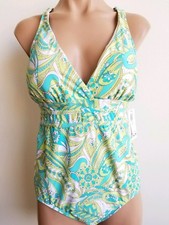 Athena Womens One Piece Swimsuit Padded Bra V-Neck Cross Back Paisley Size 12