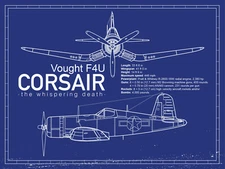 Blueprint with facts of a Vought F4U Corsair