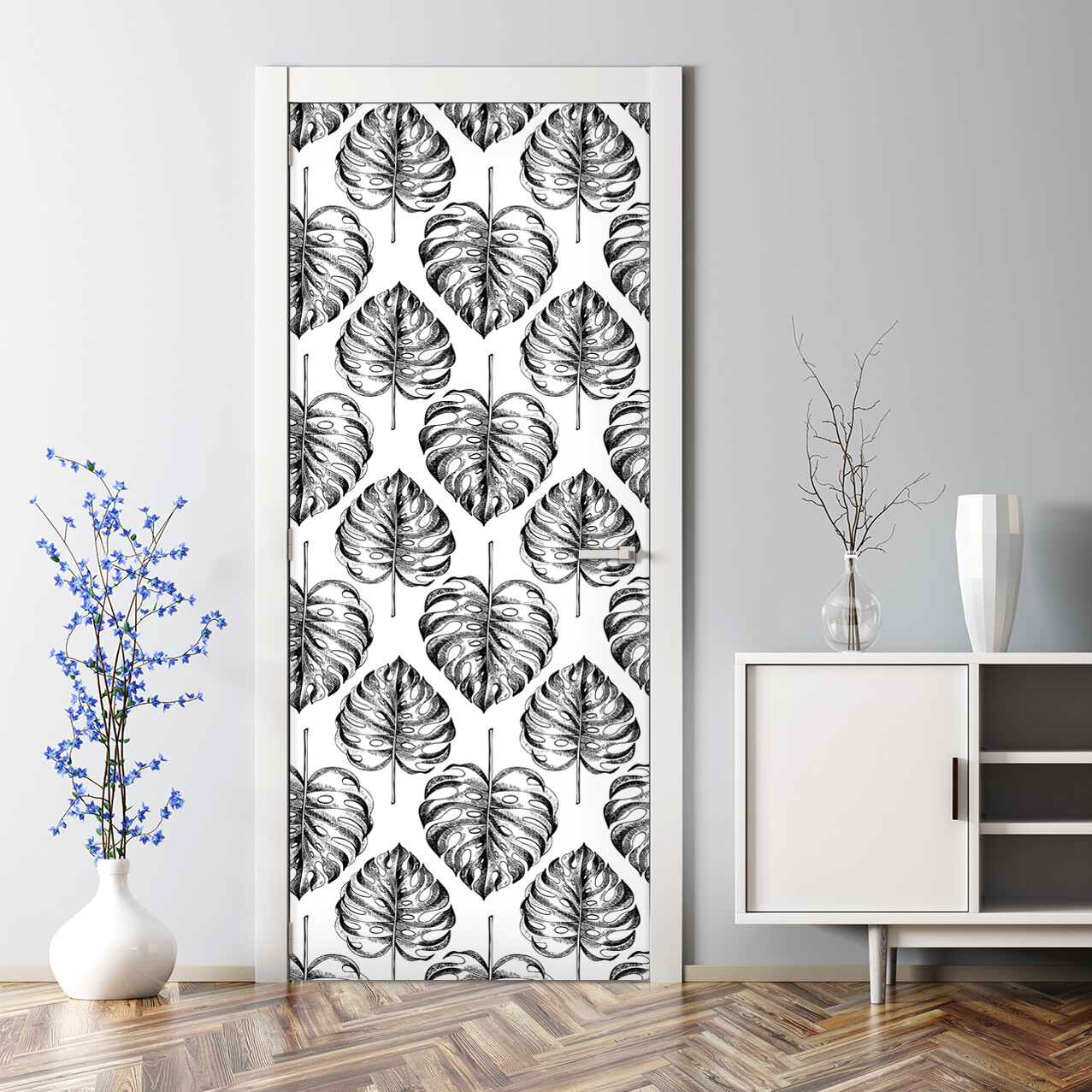 Removable Door sticker Monstera Leaf Tropic Floral Black and White Self adhesive