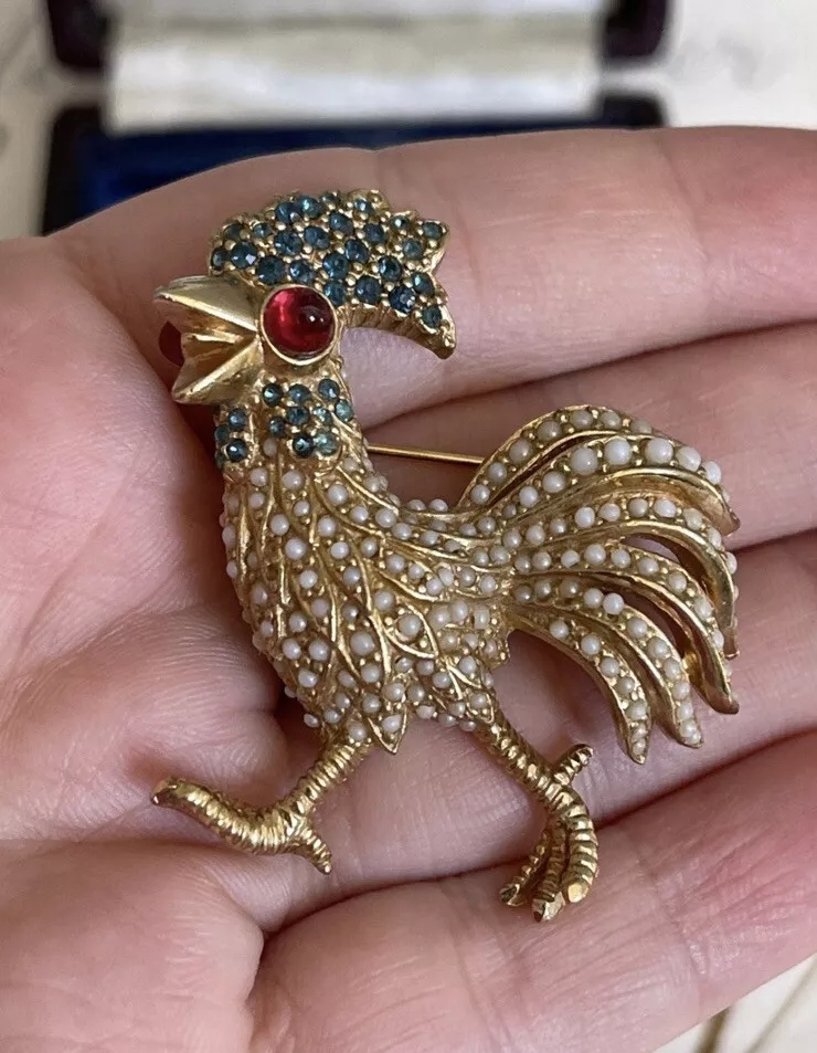 Ciner brooch Rooster vintage 1950s Red eye cabochon signet rare