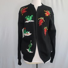 LEE Open Front Black Puffy Paint Christmas Southwestern Sweatshirt USA Made Sz M