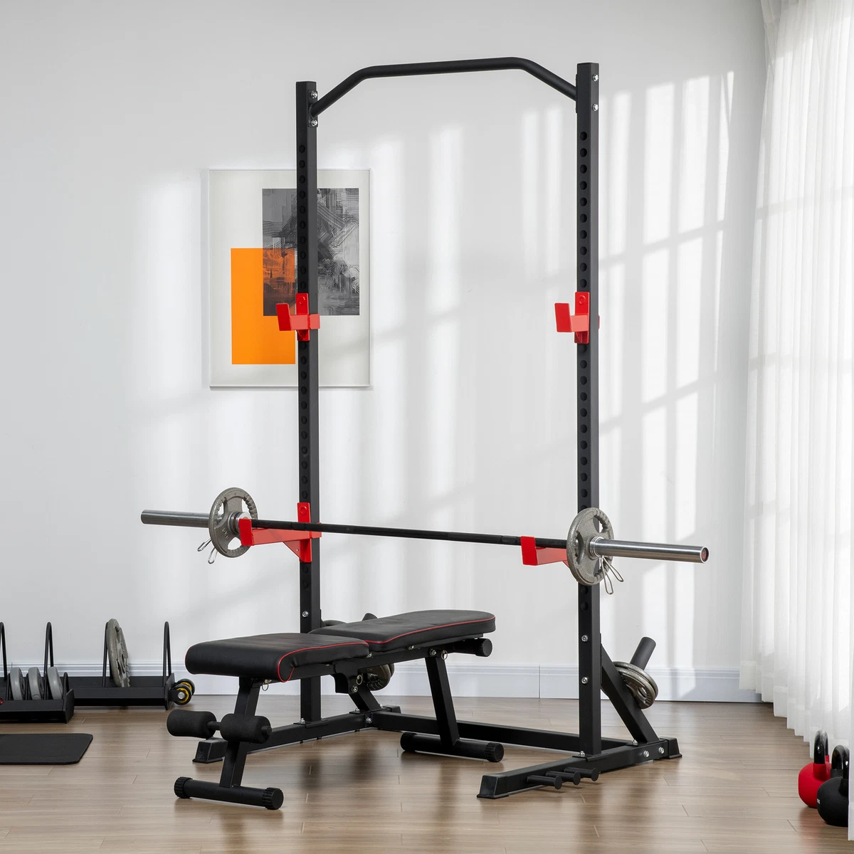 Adjustable Squat Rack with Pull Up Bar and Weight Plate Rack