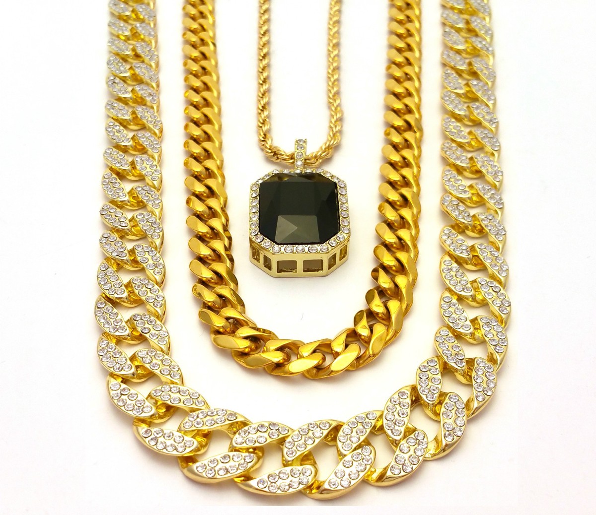 MENS 3 CHAINS SET LAB DIAMOND GOLD FINISH MIAMI CUBAN LINK 