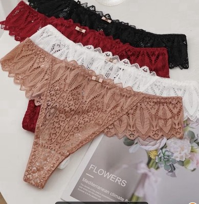 Women s Lace Floral Thong Panties 3 Pack Multicolor Semi-Transparent Stretch