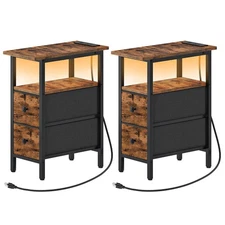 Narrow Side Table Set 2 with LED Light and USB C Port, Night Stand with Charg...