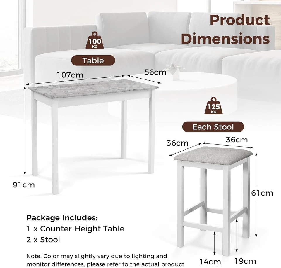 3-Piece Bar Table Set with 2 Stools, Compact Breakfast Bar with Cushioned Seats - Image 3 of 4