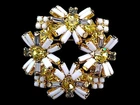 Vintage Hattie Carnegie Syle Milk Glass W/Yellow & Grey Crystal Layered Brooch