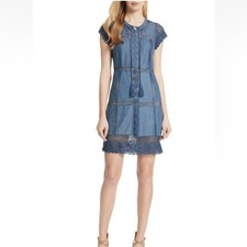 Alice + olivia Tona Crocheted Patchwork Chambray Dress 6 Medium