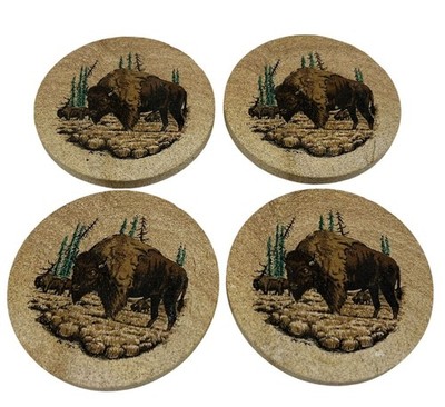 Lot Of 4 Round Buffalo Wooden Drink Coasters Farmhouse Beer House Club Western