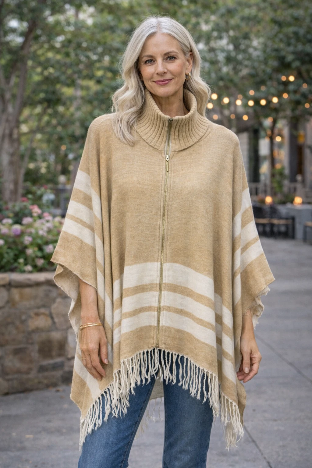 Andrew Marc Poncho Womens One Size Marc NY Full Zip Fringe Stripe Collared
Opens in a new window or