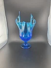 Vtg Fenton Vase Colonial Blue Sapphire Hankerchief Thumbprint Design 10 Inch Tal