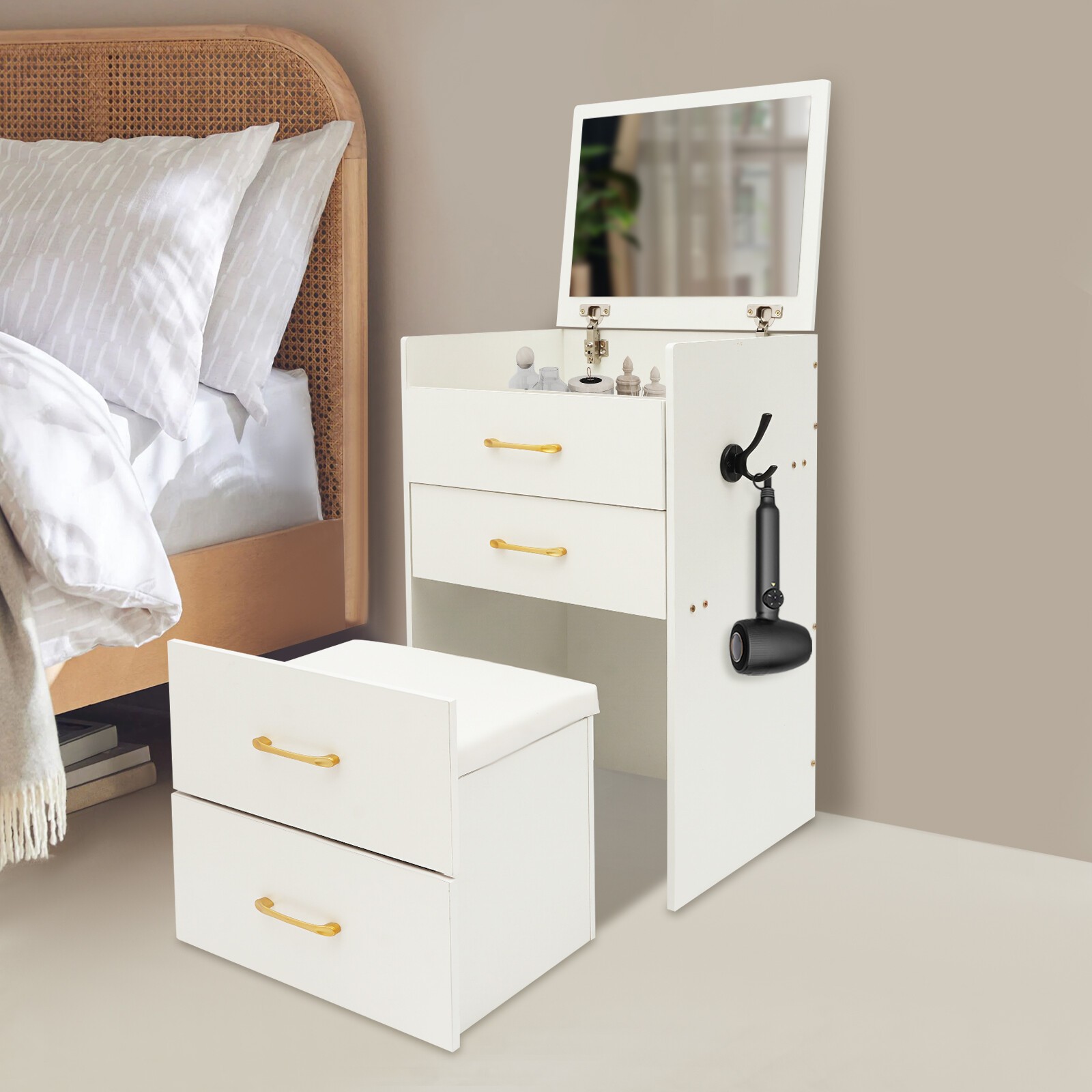 Makeup Desk with Mirror, Compact Dressing Table, Small Make Up Table White