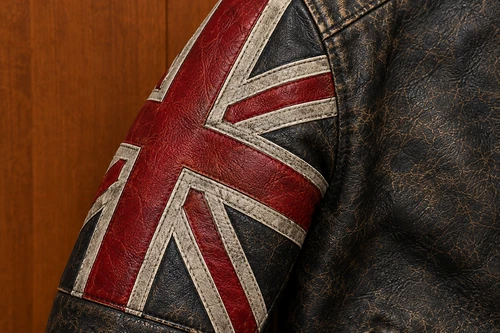 Mens Distressed Leather Biker Jacket, Vintage Union Jack Flag Sleeve Motorcycle image 5