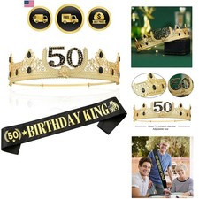 Gold Crown and Sash for 50TH Birthday King, Metal Birthday Party Decoration f...