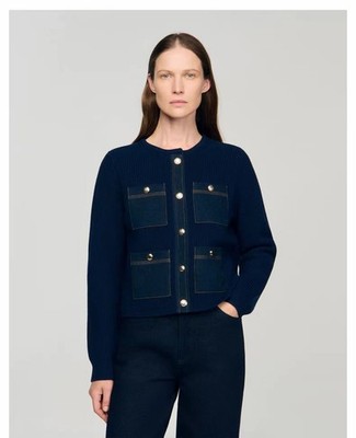 Sandro Women's Metal buckle Denim pocket Splicing Knitted Coats Jackets