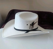 Vintage Western Express Inc. Mens Straw Cowboy Hat Sz 7 1/8 White W Black Belt