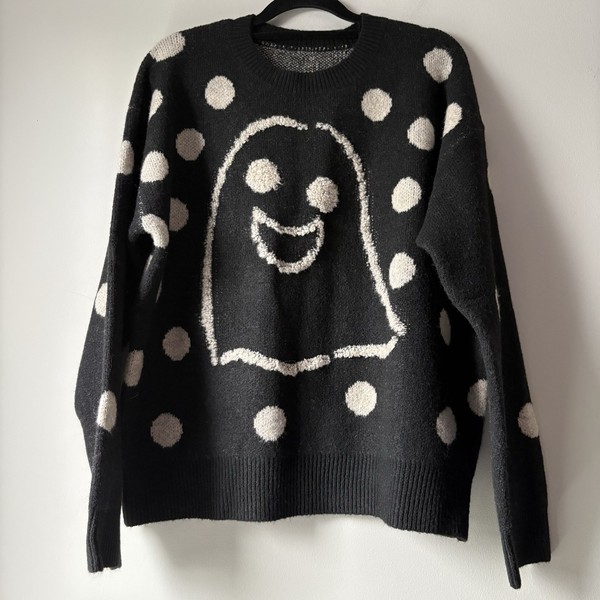Cider Jumper Size XS Oversized Black Knit With White Ghost & Spots Halloween