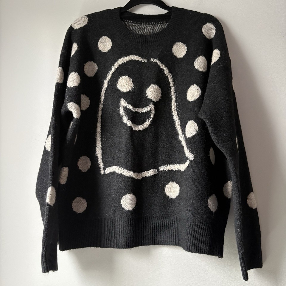 Cider Jumper Size XS Oversized Black Knit With White Ghost & Spots Halloween