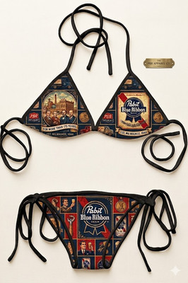 Vintage Y2K Pabst Blue Ribbon Beer Print String Bikini Hot Beach Summer All Size