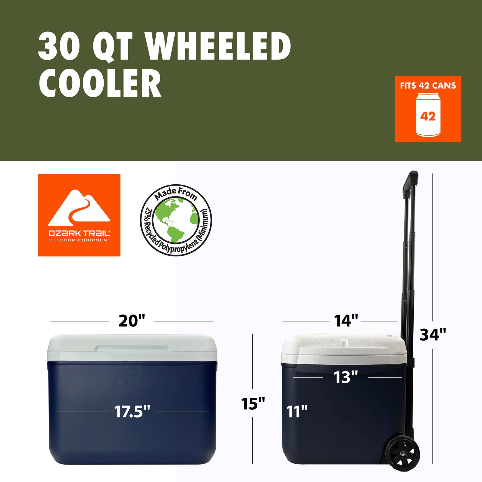 30Qt Hard-Sided Wheeled Cooler, 42-Can Capacity Ice Chest Blue