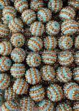 10 Pcs 20mm Gold/Mint Rhinestone Acrylic Beads, Bubblegum Beads, Chunky Beads -