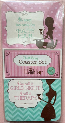 Wembley Girls' Night Party Coaster Set, Pink Mint Cork, Chevron Polka Dot, 4pcs 