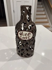 Large Ceramic Wine Cork Keeper~Wine Bottle Shaped Canister - Grapevine Design