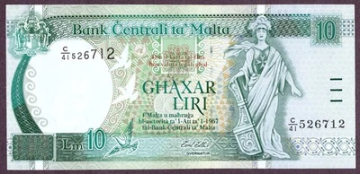 MALTA 10 LIRI Banknote 1994 (1967) Zustand II- XF SPL S/N C41/526712 P. 47b - Bild 1 von 2