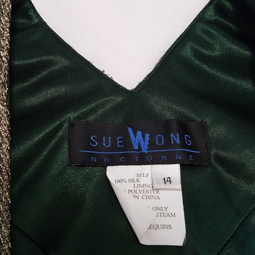 Vestido SUE WONG Talla 14 SEDA CUENTAS PROFUNDAS Delantero Espalda Cuello en V Formal Verde Fluido - Imagen 5 de 6