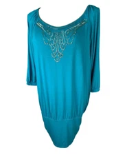 18/20 Lane Bryant Teal Beaded Neckline Soft 3/4 Sleeve Blouson Jersey Knit Top