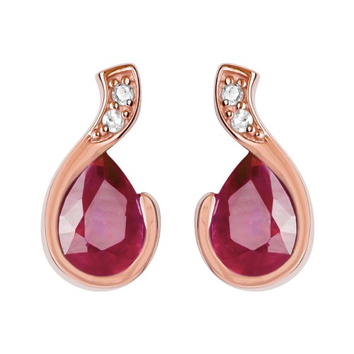 Boucles d'oreilles rubis et diamant en or rose 10 carats véritable forme de poire - Photo 1/5