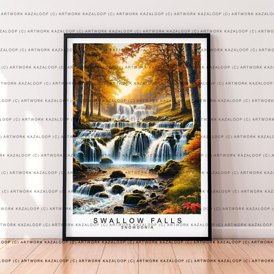 Schwalbe fällt ungerahmte Illustration Kunst malerischer Wasserfall Druck Snowdonia Dekor