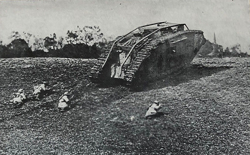 RARE RECYCLED! WW1 US ARMY 27TH DIV. 107TH INF. w/ BRIT TANK COVER LITHO PC 1918
