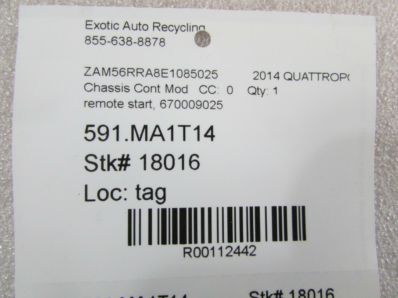 Maserati Quattroporte, Remote Start ECU Module, Used, P/N 670009025