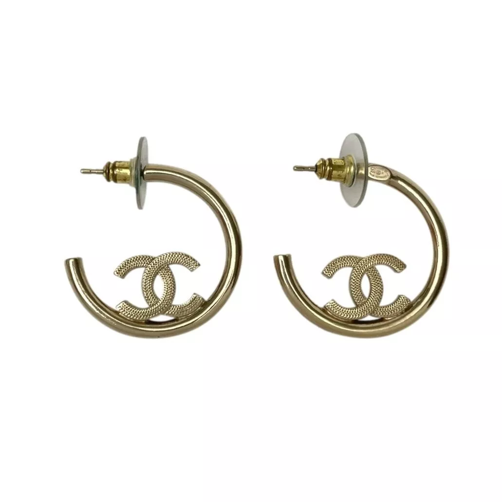 CHANEL 22P Light Gold Logo CC Pendant Small Hoop Earrings