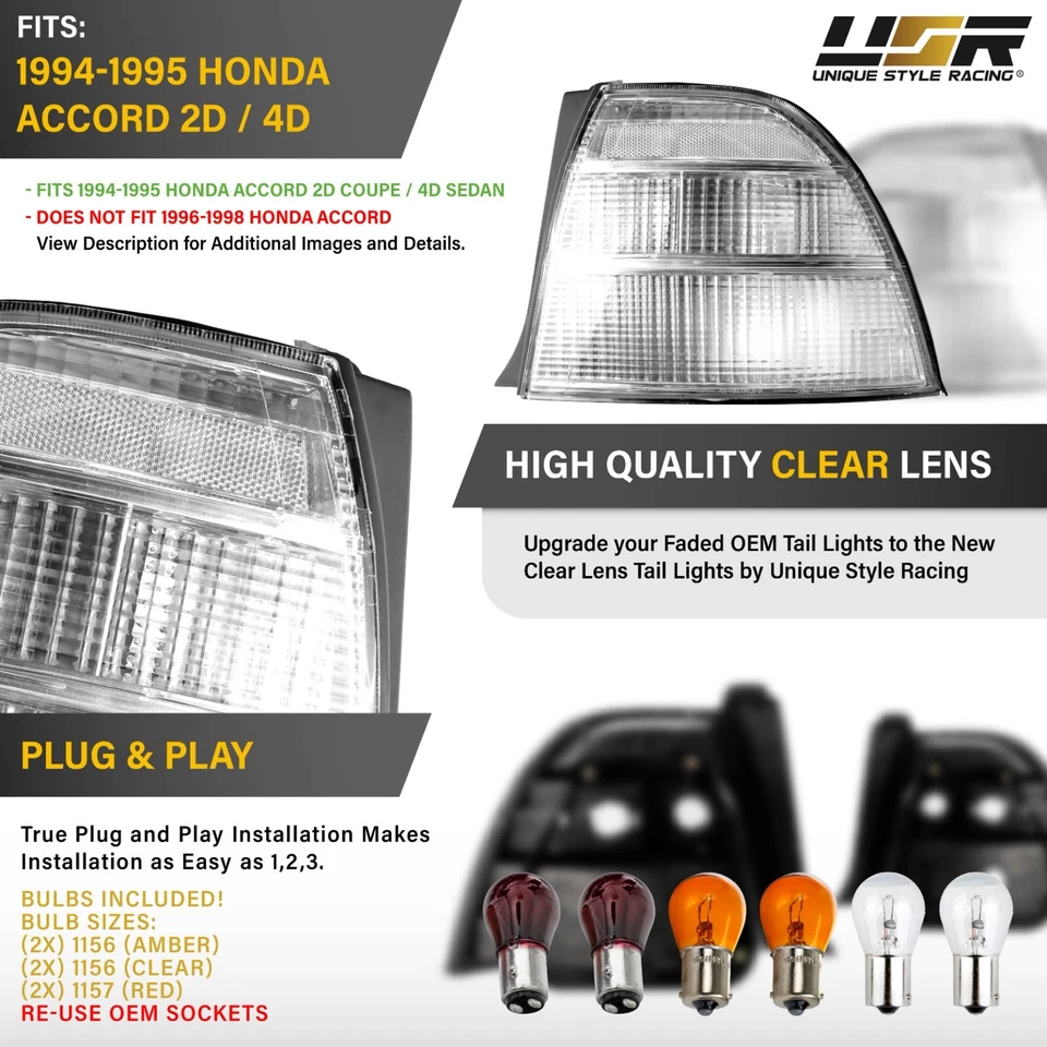 CLEAR Lens Tail Light set L+R For 94-95 Honda Accord Coupe 2D / Sedan 4D 5th Gen Foto 3 de 4