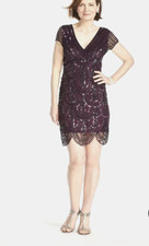 Marina Short Cap Sleeve Dress with Sequin Detail Eggplant Size 14