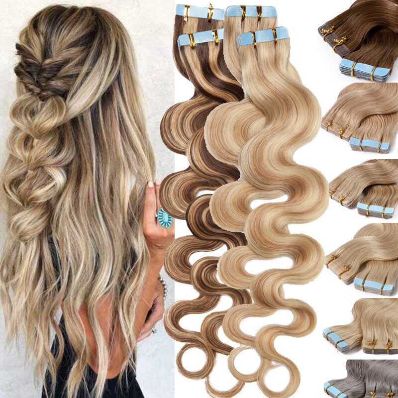 Skin Weft Remy Real Human Hair Extensions Tape In Full Head 200g WAVY  Balayage