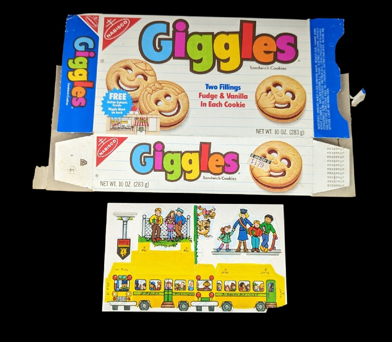 RARE Giggles Vanilla Sandwich Cookies Box 1987 Action Cutout School bus