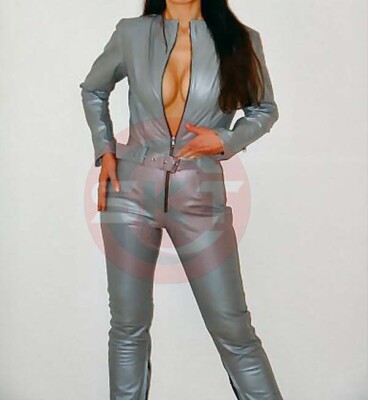 Womens Real Leather Gray Catsuit Front Zipper Fit Sexy Jumpsuit