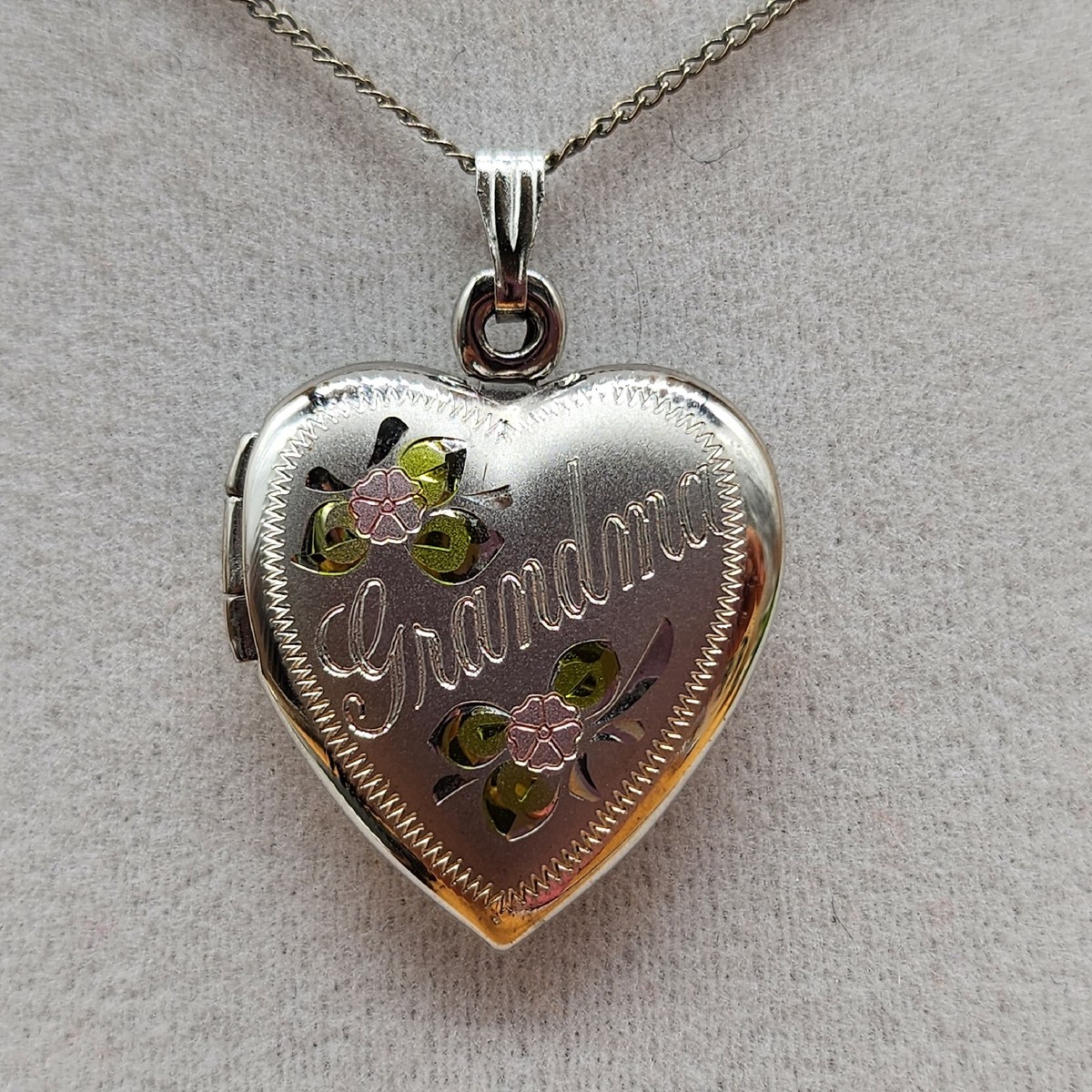 925 Sterling Silver Heart Enamel Pink Flower Grandma Locket