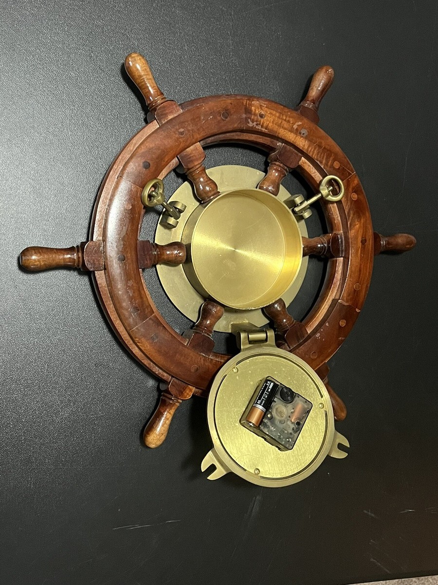 Vintage Antique Wood & Brass Porthole Ship Wheel Wall Clock Quartz
