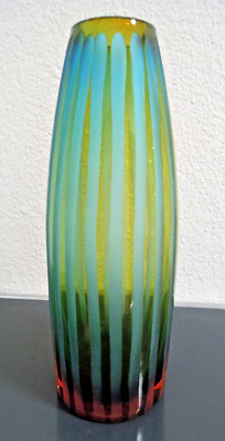 Vintage Glasvase Cyan, Blue , Orange Striped chiseled Glas Design