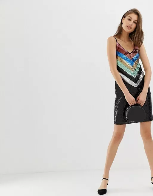 NEW WAREHOUSE RAINBOW SEQUIN STRAPPY CAMI DRESS PARTY PROM CLUB