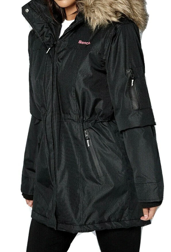 New Womens Bench Parka Jacket With Faux Fur Trim Hood Black Size UK 10 |  eBay