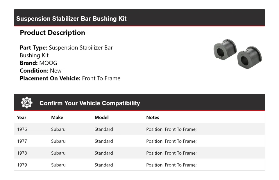 Kit de buje de barra estabilizadora de suspensión estándar MOOG 1976 para Subaru 1976-1979 Foto 2 de 4